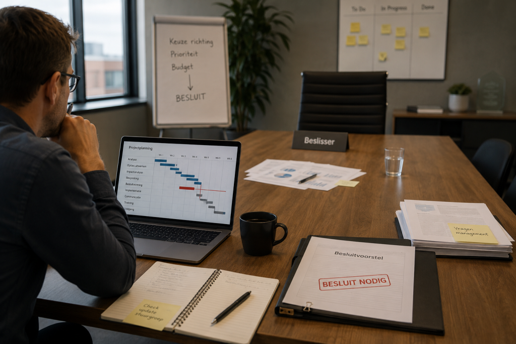 Projectmanager kijkt naar een projectplanning in een vergaderruimte terwijl een beslisdossier klaar ligt en een lege stoel zichtbaar maakt dat de voortgang afhankelijk is van een nog te nemen besluit.