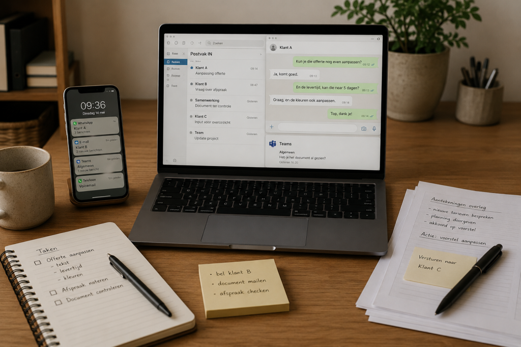 Een Virtual Assistant werkt aan een laptop terwijl informatie verspreid binnenkomt via e-mail, chatberichten, smartphone en notities. De afbeelding laat zien hoe communicatie over meerdere kanalen het overzicht kan bemoeilijken.