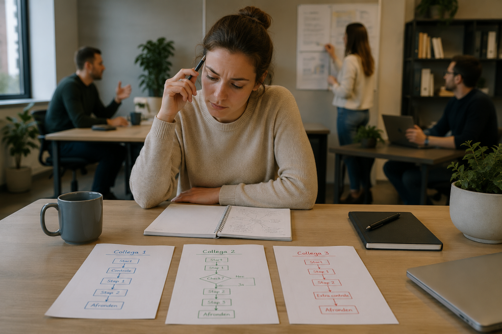 Een nieuwe medewerker zit aan een bureau met drie verschillende werkinstructies voor dezelfde taak, terwijl collega's op de achtergrond aan het werk zijn. De afbeelding laat zien hoe mondelinge kennisoverdracht kan leiden tot verschillende antwoorden wanneer er geen vaste bron voor de werkwijze bestaat.