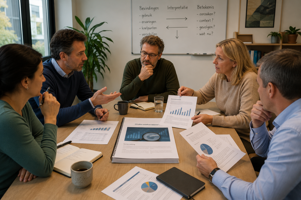 Vijf collega's bespreken hetzelfde onderzoeksrapport aan een vergadertafel. Hoewel iedereen naar dezelfde resultaten kijkt, interpreteren zij de uitkomsten verschillend, waardoor de discussie blijft bestaan.
