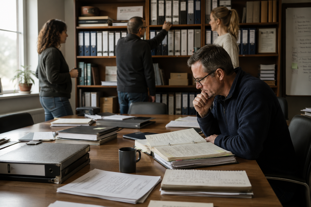 Een specialist bestudeert documenten aan een vergadertafel terwijl collega's op de achtergrond in ordners zoeken. De afbeelding laat zien hoe belangrijke kennis in de praktijk vaak afhankelijk wordt van één persoon in plaats van van georganiseerd eigenaarschap.