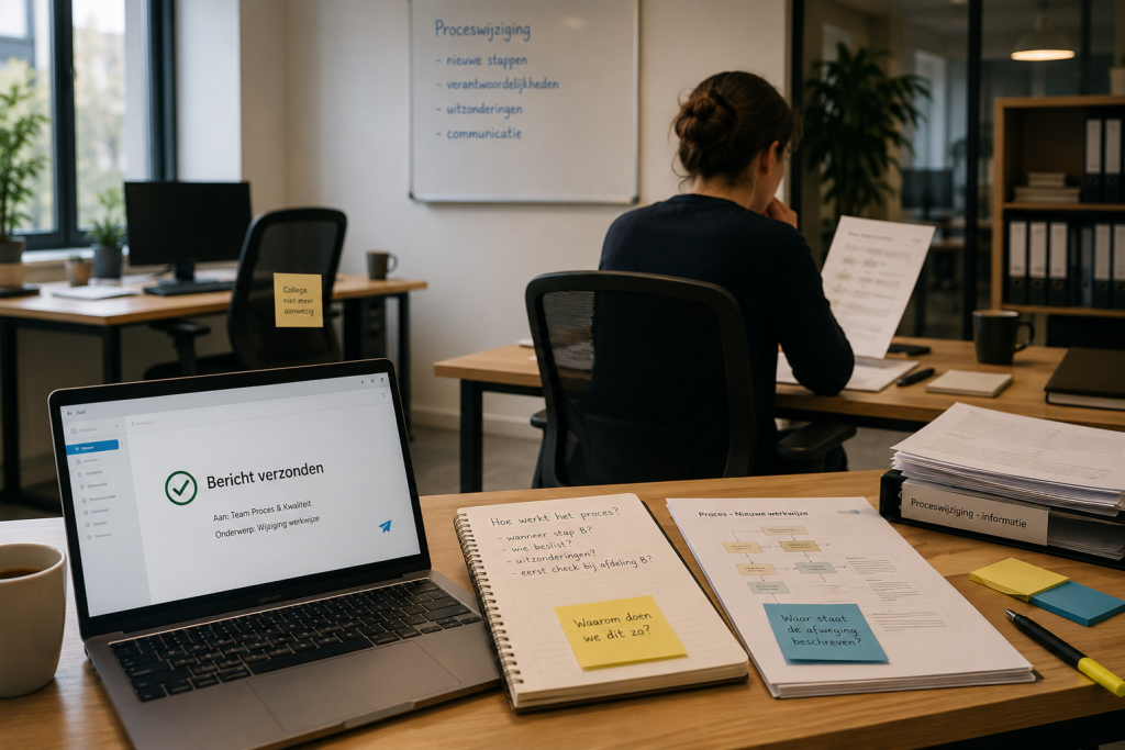 Medewerker zoekt in documenten naar uitleg over een werkproces terwijl op een laptop zichtbaar is dat de informatie eerder is verstuurd. De lege werkplek op de achtergrond benadrukt dat gedeelde informatie niet automatisch leidt tot kennisoverdracht.