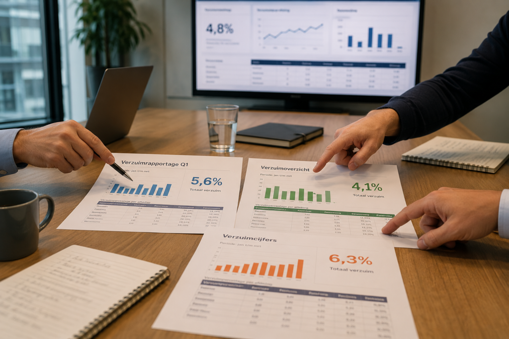 Collega’s vergelijken verschillende rapportages met uiteenlopende cijfers tijdens een overleg over de betekenis en definitie van de data.