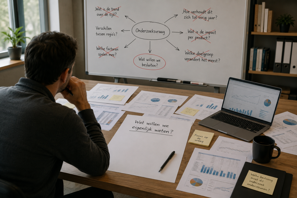 Onderzoeker aan een bureau met rapportages, grafieken en een whiteboard vol onderzoeksvragen, terwijl de focus ligt op het formuleren van één heldere onderzoeksvraag voordat de analyse begint.