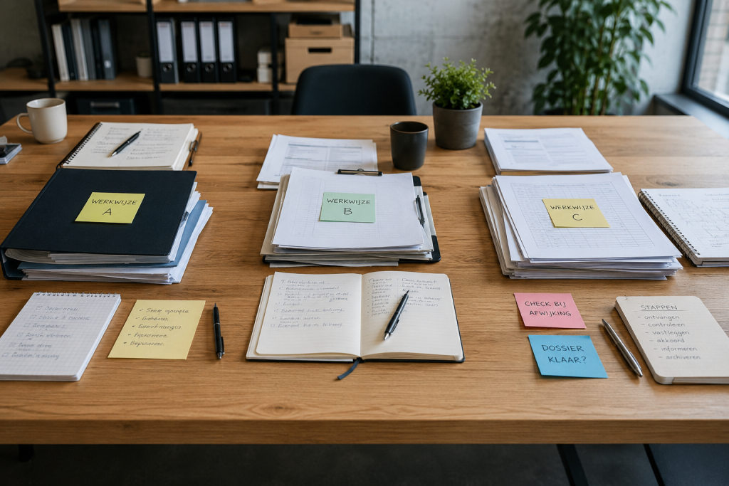 Een gedeelde werktafel met drie verschillende manieren waarop dezelfde werkzaamheden worden uitgevoerd en vastgelegd.