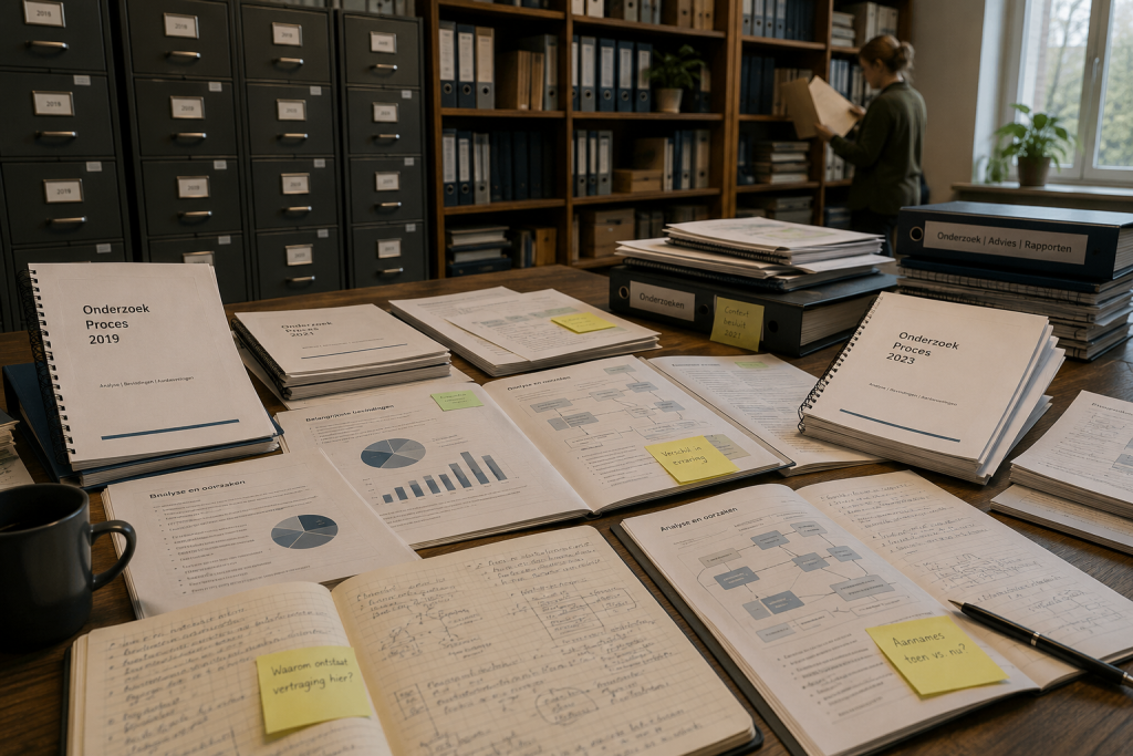 Archief- en onderzoeksruimte met rapporten, notitieboeken en dossiers uit verschillende jaren op een grote tafel. De afbeelding laat zien hoe eerdere onderzoeksinzichten verspreid raken en organisaties dezelfde vragen opnieuw onderzoeken.