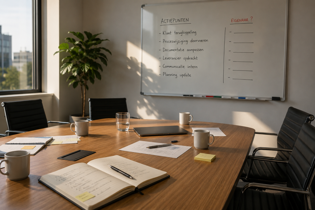 Lege vergadertafel in een vergaderruimte met koffiekopjes, notities en een whiteboard waarop meerdere actiepunten staan zonder toegewezen eigenaar.