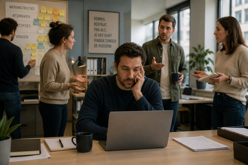 Een specialist werkt geconcentreerd achter een laptop terwijl meerdere collega's hem tegelijkertijd vragen stellen. De afbeelding laat zien hoe kennis afhankelijk blijft van één persoon wanneer uitleg niet wordt omgezet in blijvend geborgde kennis.
