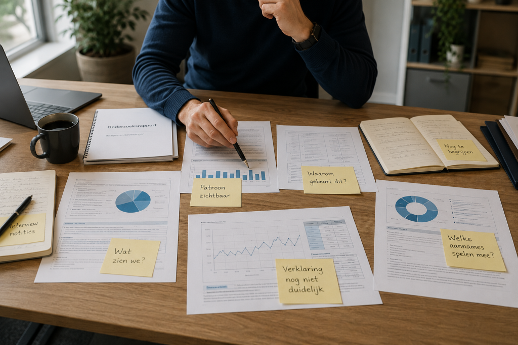 Onderzoeker analyseert rapporten, grafieken en interviewnotities om niet alleen te zien wat er gebeurt, maar ook te begrijpen waarom het gebeurt.